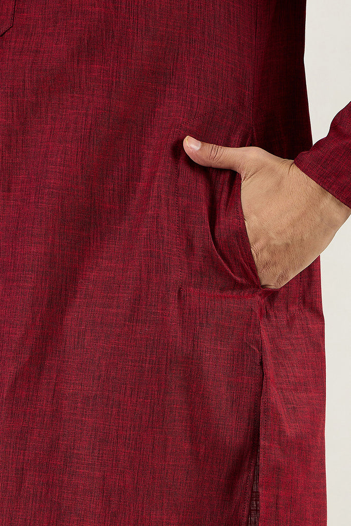 Maroon Pure Cotton Solid Woven Design Straight Kurta with Trousers MKSET1096