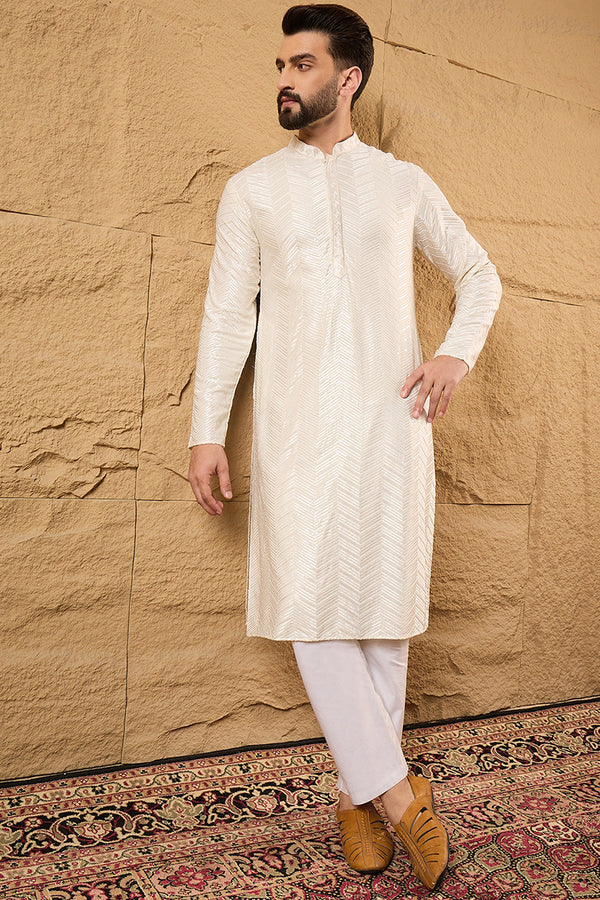 Off White Viscose Rayon Solid Embroidered Straight Kurta with Trousers MKSET1102