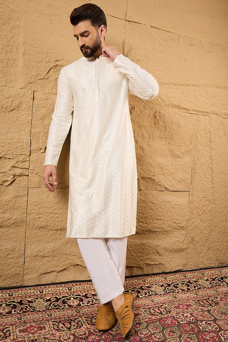 Off White Viscose Rayon Solid Embroidered Straight Kurta with Trousers MKSET1102