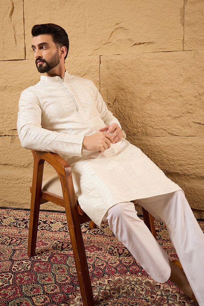 Off White Viscose Rayon Solid Embroidered Straight Kurta with Trousers MKSET1102