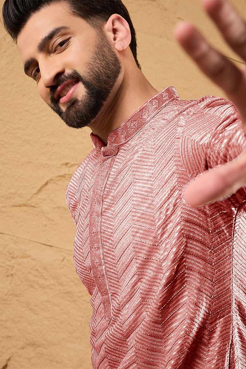 Peach Viscose Rayon Solid Embroidered Straight Kurta with Trousers MKSET1104