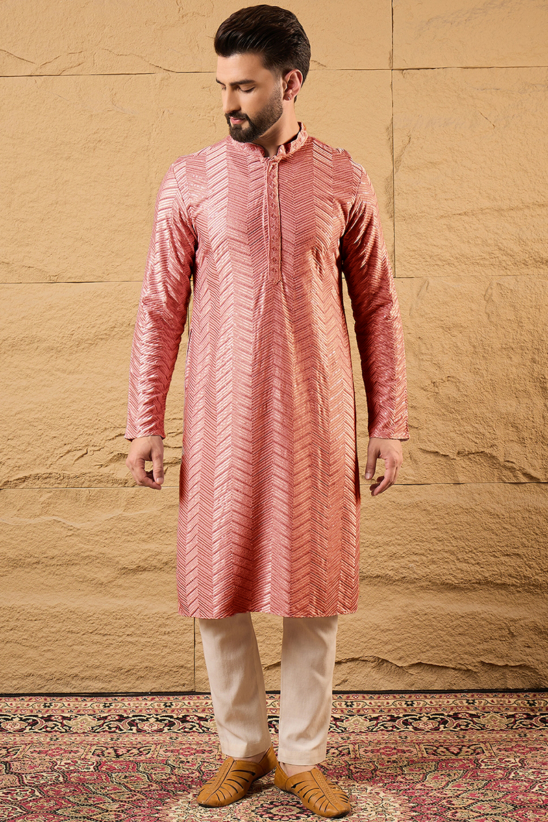 Peach Viscose Rayon Solid Embroidered Straight Kurta with Trousers MKSET1104