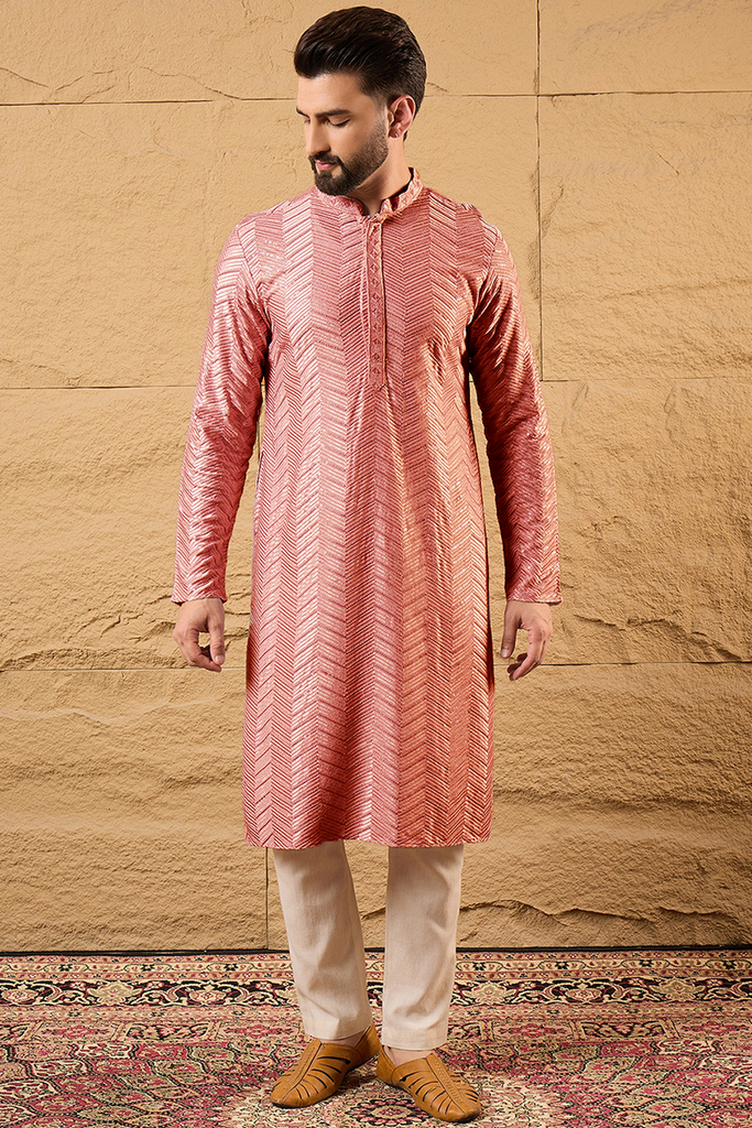 Peach Viscose Rayon Solid Embroidered Straight Kurta with Trousers MKSET1104