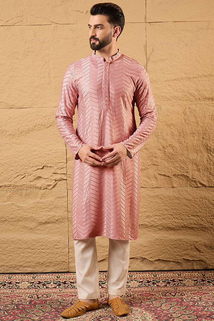 Peach Viscose Rayon Solid Embroidered Straight Kurta with Trousers MKSET1104