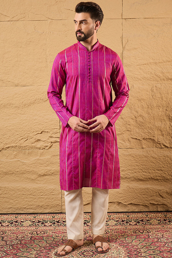 Pink Pure Cotton Solid Embroidered Straight Kurta with Trousers MKSET1120