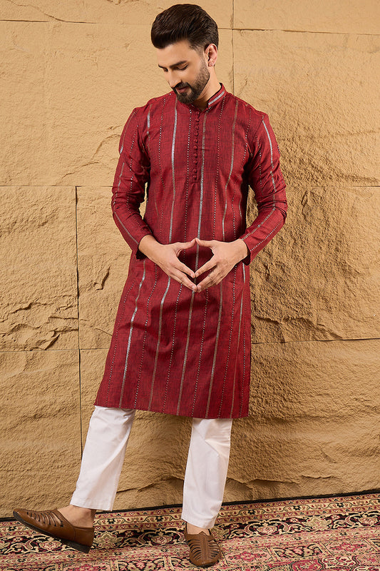 Maroon Pure Cotton Solid Embroidered Straight Kurta with Trousers MKSET1124