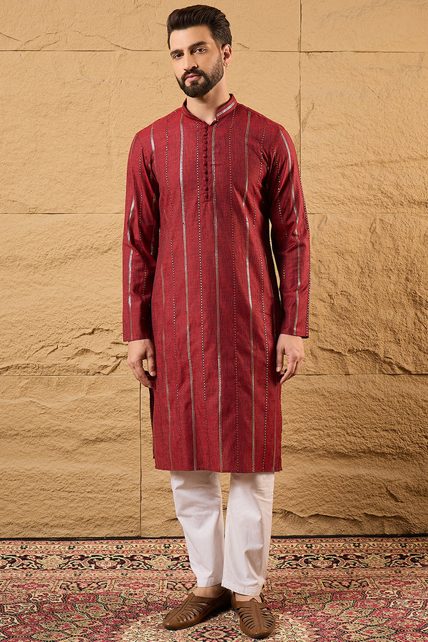 Maroon Pure Cotton Solid Embroidered Straight Kurta with Trousers MKSET1124