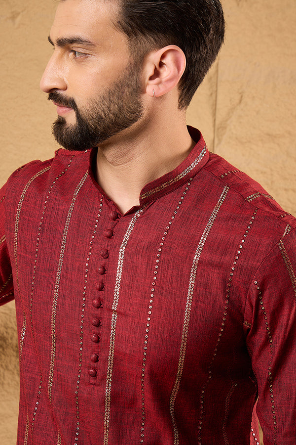 Maroon Pure Cotton Solid Embroidered Straight Kurta with Trousers MKSET1124
