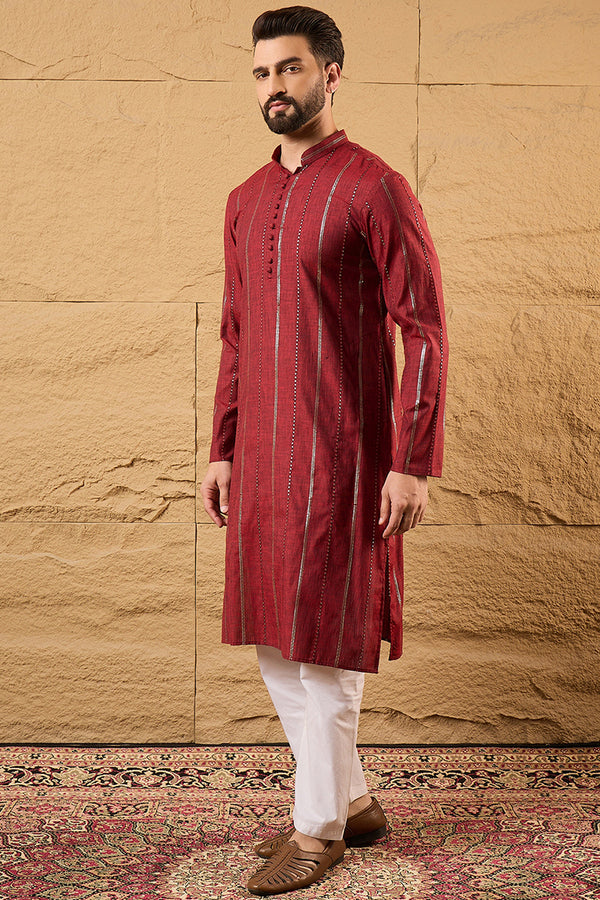 Maroon Pure Cotton Solid Embroidered Straight Kurta with Trousers MKSET1124
