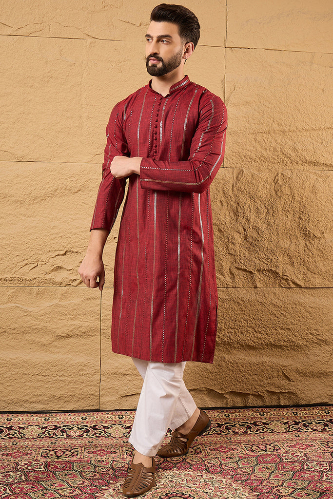 Maroon Pure Cotton Solid Embroidered Straight Kurta with Trousers MKSET1124