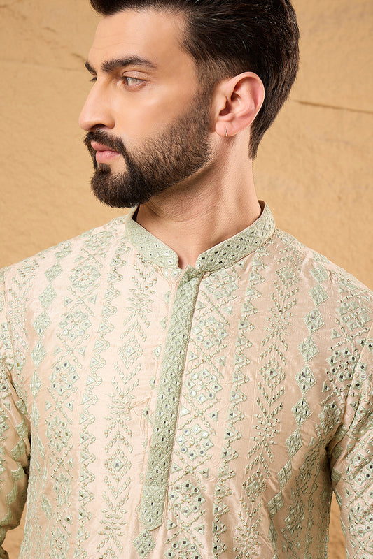 Off White Silk Blend Solid Embroidered Straight Kurta with Trouser MKSET1127