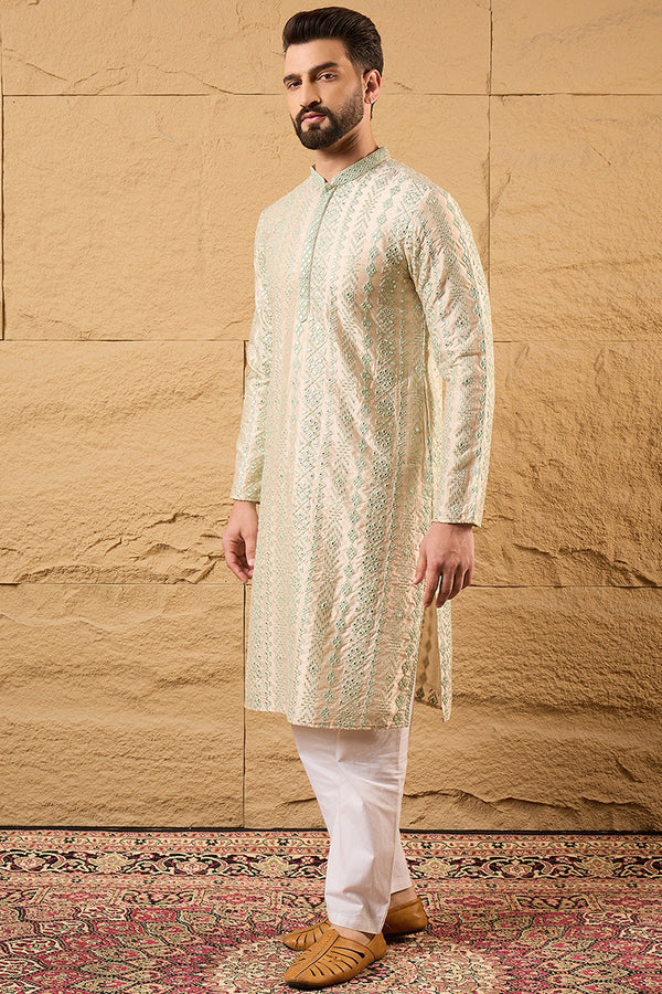 Off White Silk Blend Solid Embroidered Straight Kurta with Trouser MKSET1127