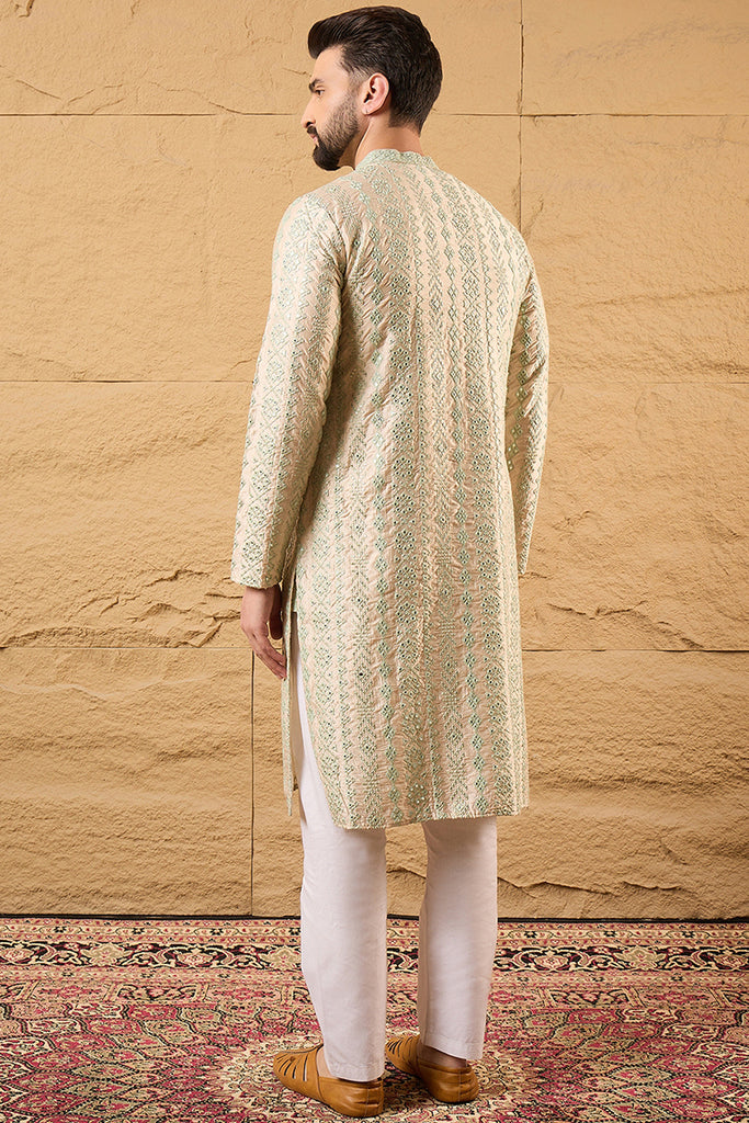 Off White Silk Blend Solid Embroidered Straight Kurta with Trouser MKSET1127