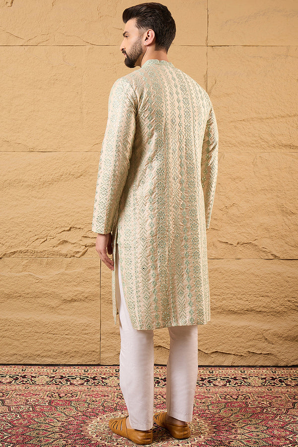Off White Silk Blend Solid Embroidered Straight Kurta with Trouser MKSET1127