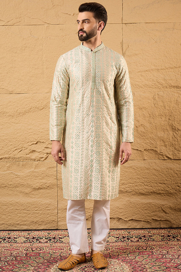 Off White Silk Blend Solid Embroidered Straight Kurta with Trouser MKSET1127