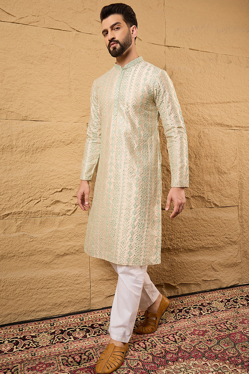 Off White Silk Blend Solid Embroidered Straight Kurta with Trouser MKSET1127
