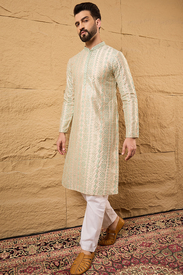 Off White Silk Blend Solid Embroidered Straight Kurta with Trouser MKSET1127