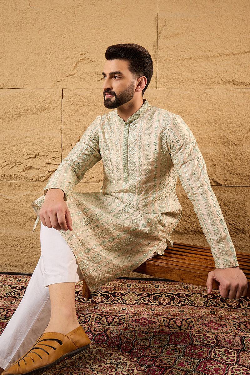 Off White Silk Blend Solid Embroidered Straight Kurta with Trouser MKSET1127