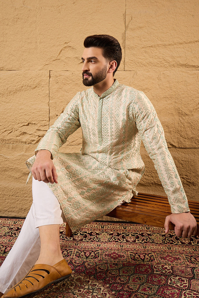 Off White Silk Blend Solid Embroidered Straight Kurta with Trouser MKSET1127