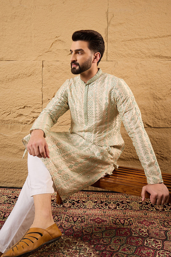 Off White Silk Blend Solid Embroidered Straight Kurta with Trouser MKSET1127