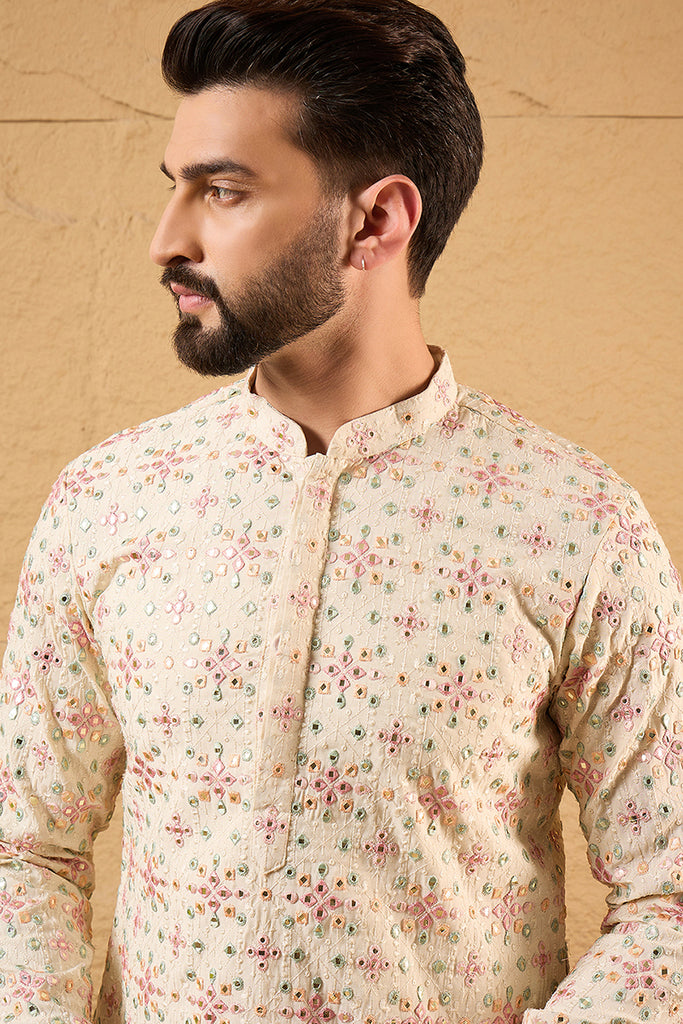 Off White Silk Blend Solid Embroidered Straight Kurta with Trouser MKSET1130