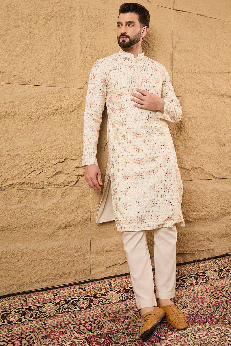 Off White Silk Blend Solid Embroidered Straight Kurta with Trouser MKSET1130