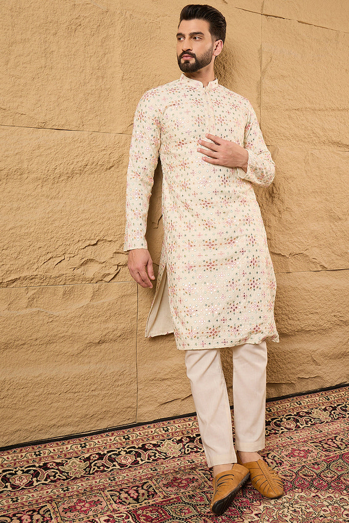 Off White Silk Blend Solid Embroidered Straight Kurta with Trouser MKSET1130