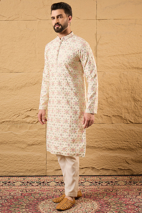 Off White Silk Blend Solid Embroidered Straight Kurta with Trouser MKSET1130