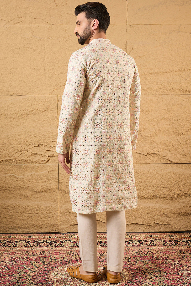 Off White Silk Blend Solid Embroidered Straight Kurta with Trouser MKSET1130