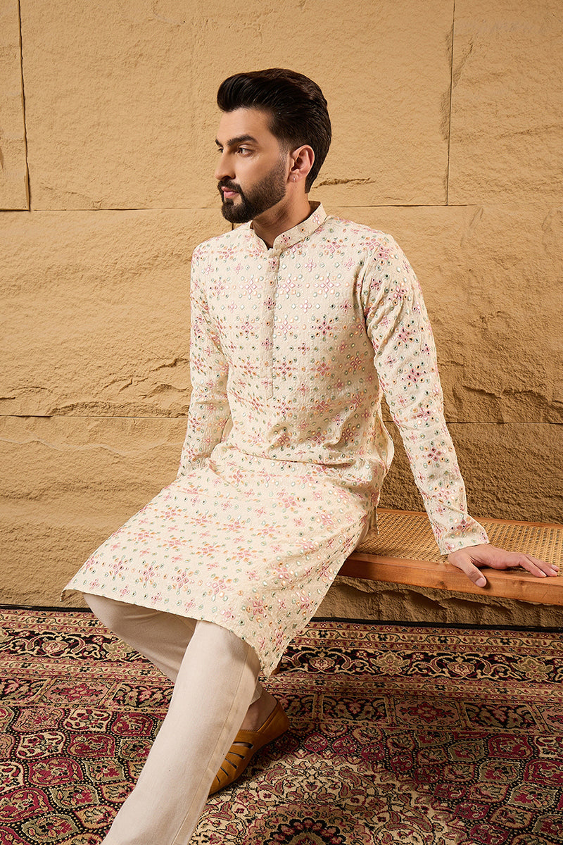 Off White Silk Blend Solid Embroidered Straight Kurta with Trouser MKSET1130