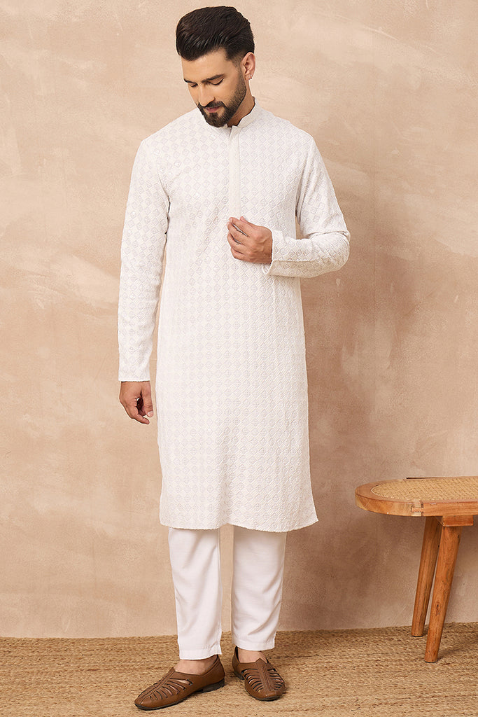 White Viscose Rayon Solid Embroidered Straight Kurta with Trouser MKSET1140
