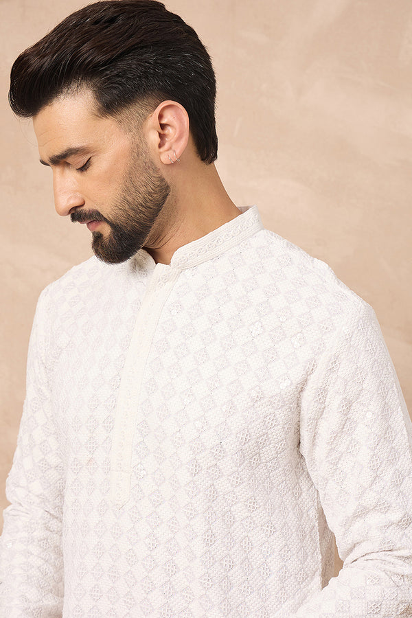 White Viscose Rayon Solid Embroidered Straight Kurta with Trouser MKSET1140