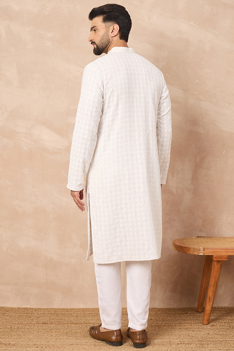 White Viscose Rayon Solid Embroidered Straight Kurta with Trouser MKSET1140