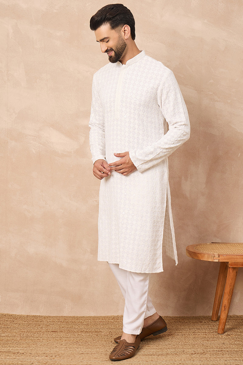 White Viscose Rayon Solid Embroidered Straight Kurta with Trouser MKSET1140