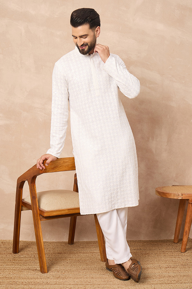 White Viscose Rayon Solid Embroidered Straight Kurta with Trouser MKSET1140