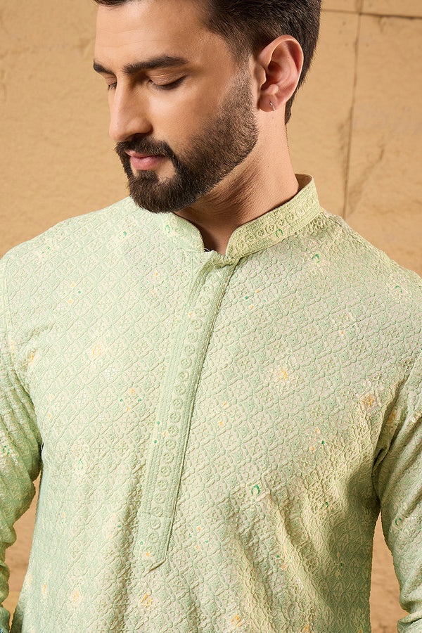 Green Viscose Rayon Bandhani Embroidered Straight Kurta with Trouser MKSET1141