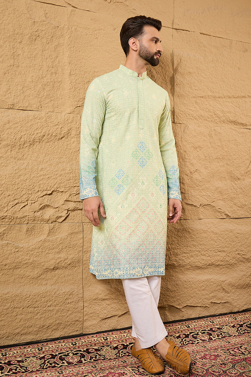 Green Viscose Rayon Bandhani Embroidered Straight Kurta with Trouser MKSET1141