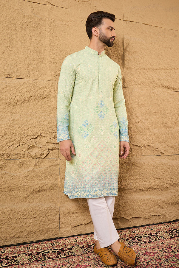 Green Viscose Rayon Bandhani Embroidered Straight Kurta with Trouser MKSET1141
