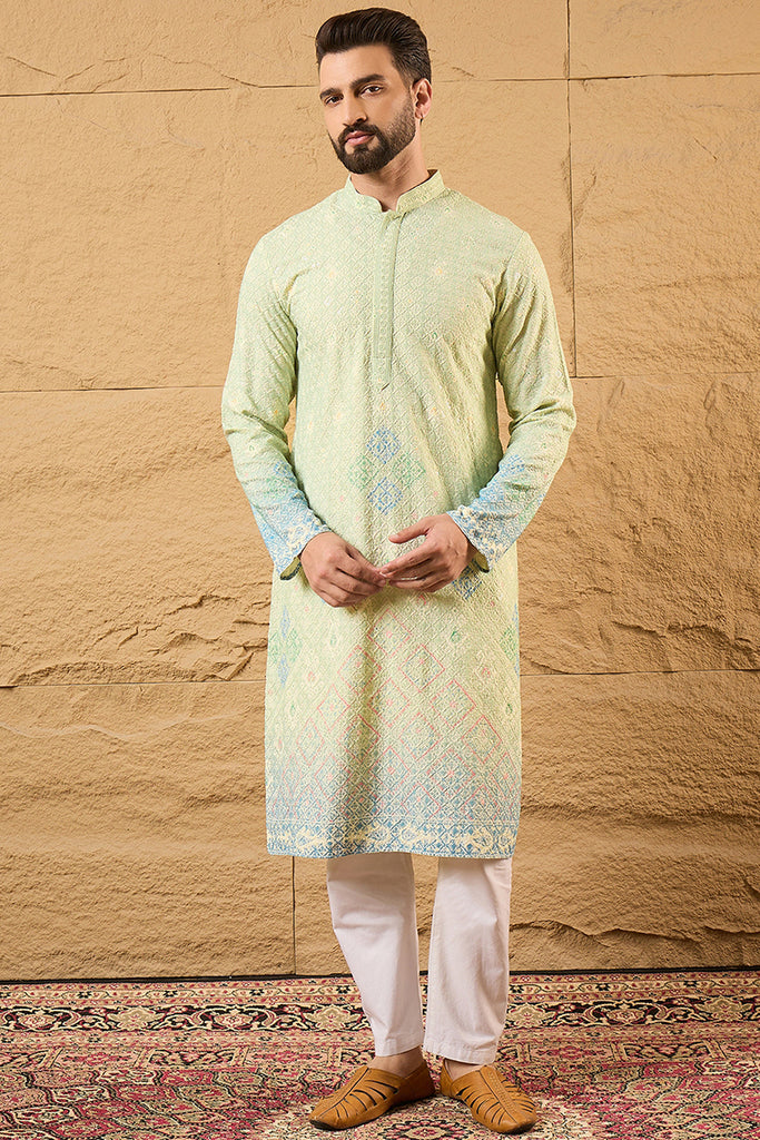 Green Viscose Rayon Bandhani Embroidered Straight Kurta with Trouser MKSET1141