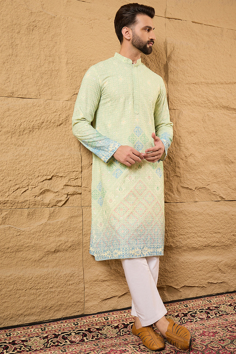 Green Viscose Rayon Bandhani Embroidered Straight Kurta with Trouser MKSET1141