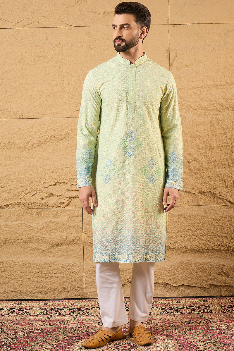Green Viscose Rayon Bandhani Embroidered Straight Kurta with Trouser MKSET1141