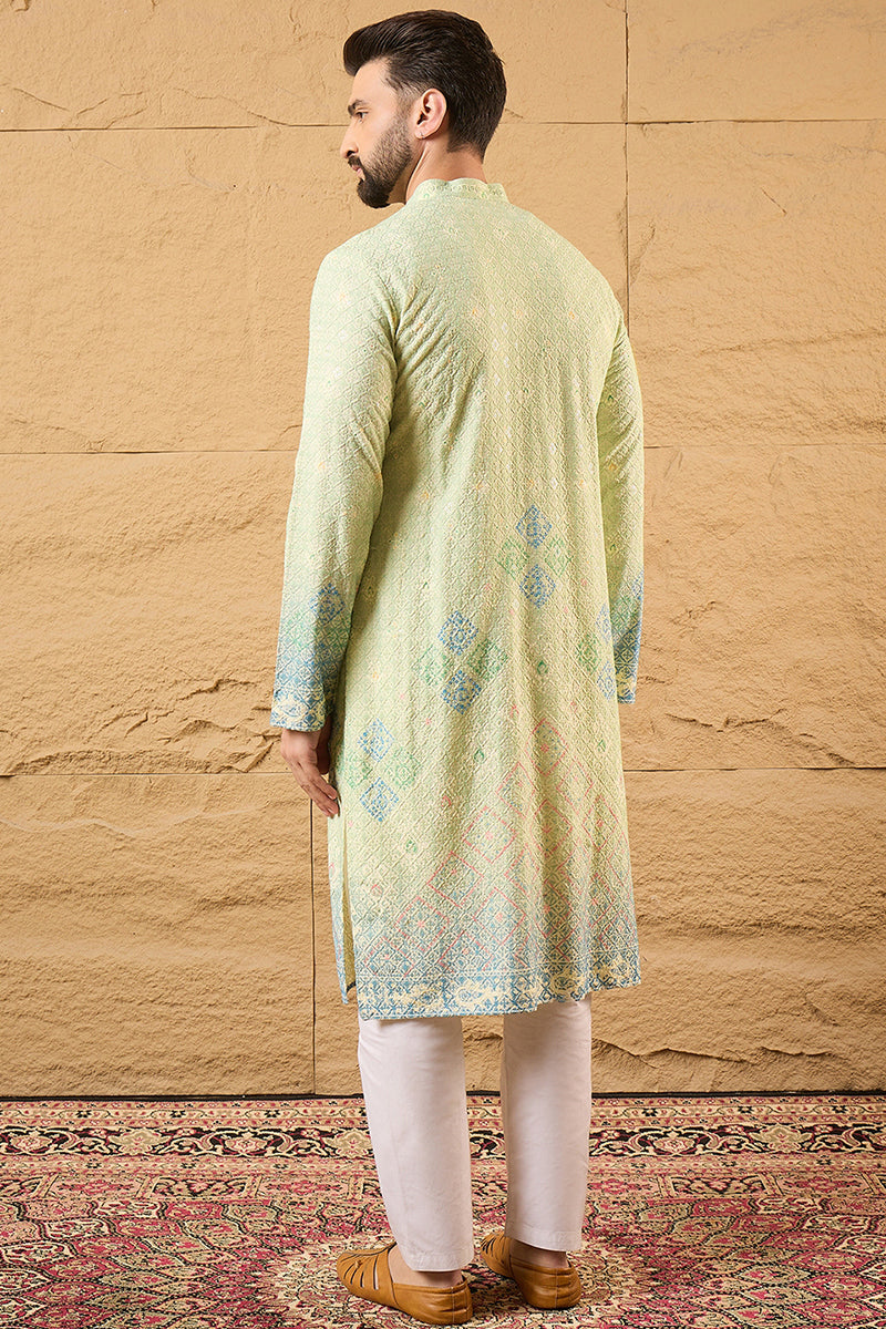 Green Viscose Rayon Bandhani Embroidered Straight Kurta with Trouser MKSET1141