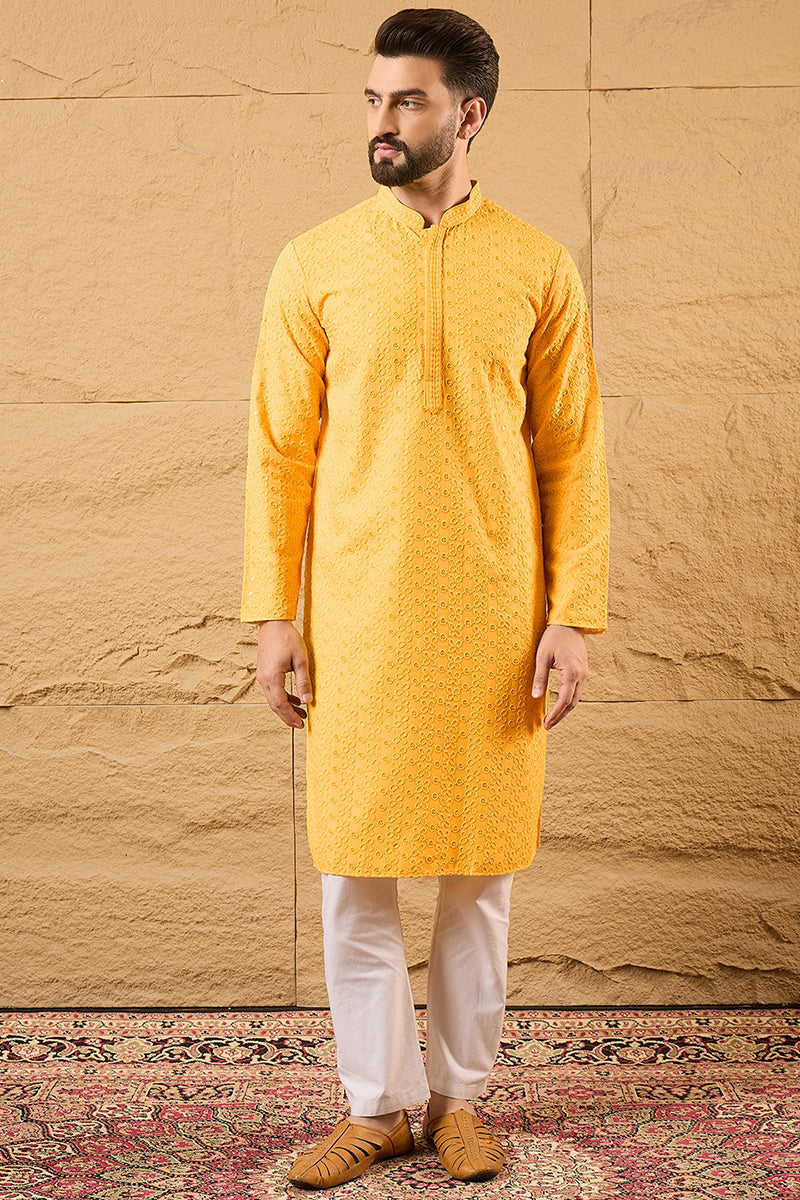 Yellow Viscose Rayon Solid Embroidered Straight Kurta with Trouser MKSET1186