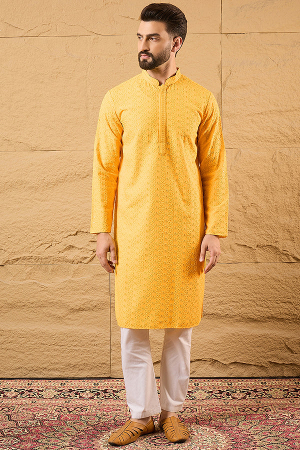 Yellow Viscose Rayon Solid Embroidered Straight Kurta with Trouser MKSET1186