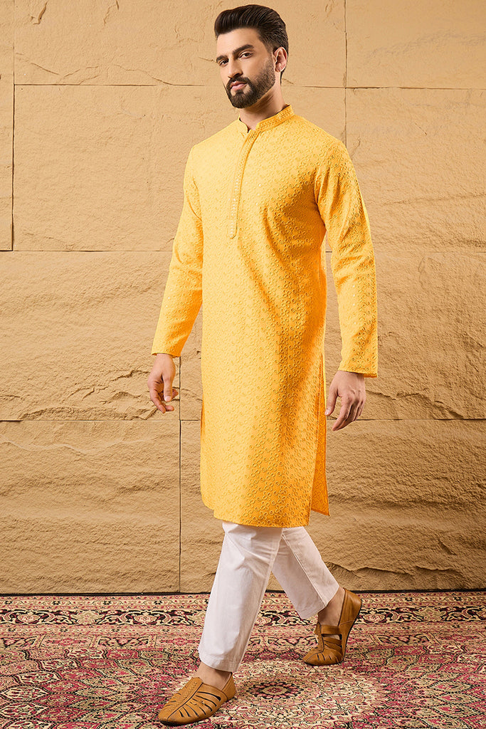 Yellow Viscose Rayon Solid Embroidered Straight Kurta with Trouser MKSET1186