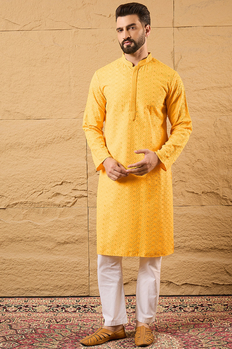Yellow Viscose Rayon Solid Embroidered Straight Kurta with Trouser MKSET1186