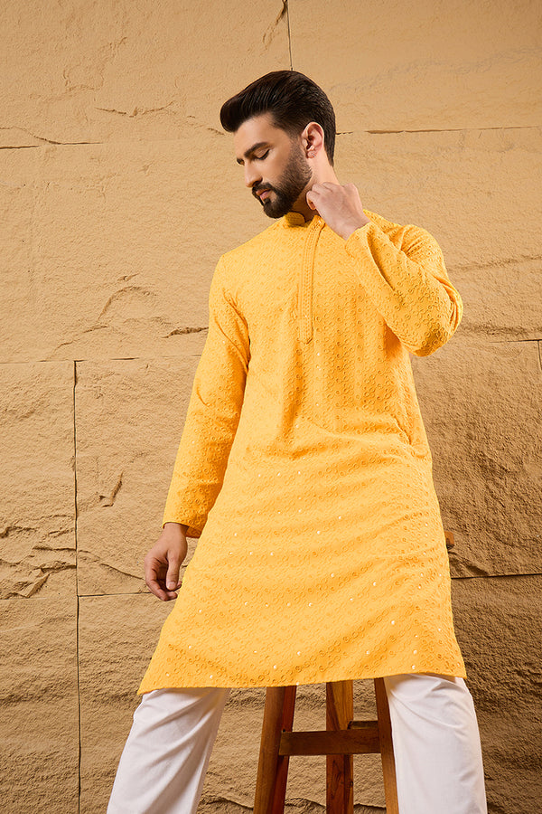 Yellow Viscose Rayon Solid Embroidered Straight Kurta with Trouser MKSET1186