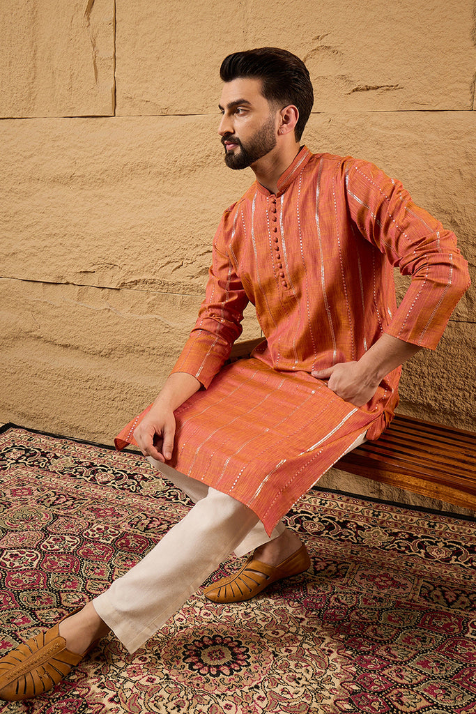 Orange Pure Cotton Solid Embroidered Straight Kurta with Trouser MKSET1196