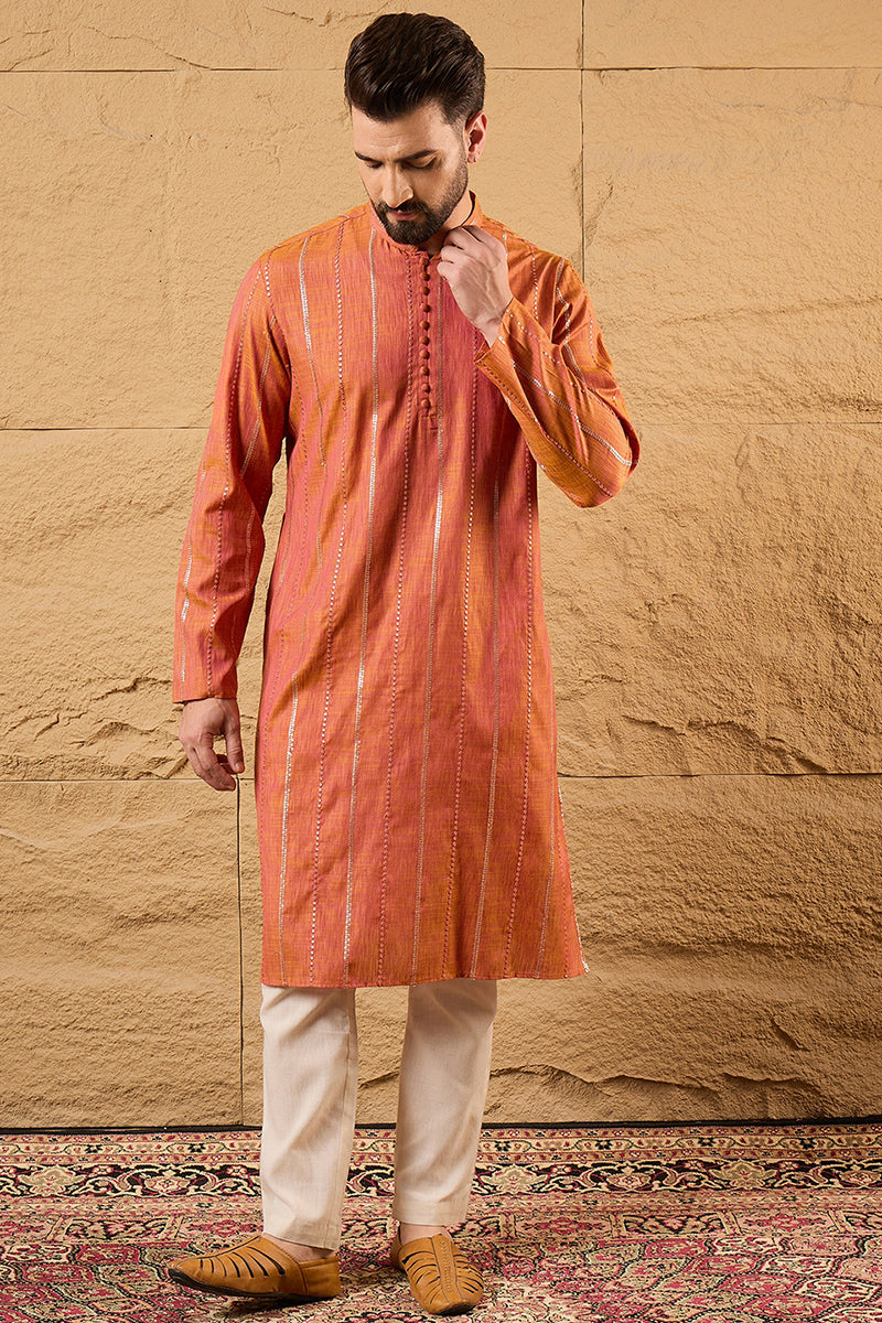 Orange Pure Cotton Solid Embroidered Straight Kurta with Trouser MKSET1196