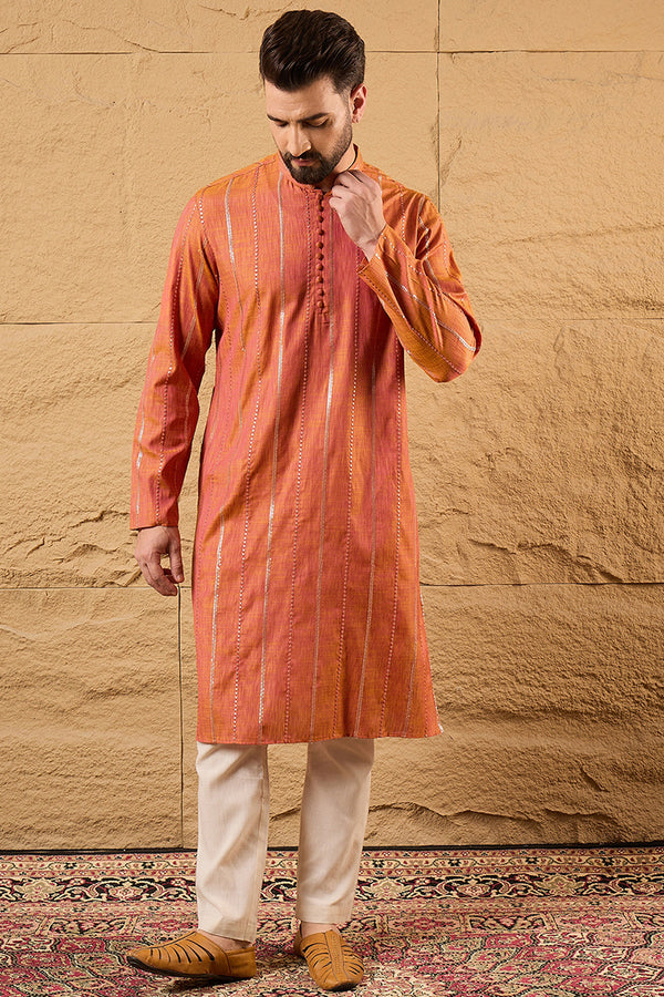 Orange Pure Cotton Solid Embroidered Straight Kurta with Trouser MKSET1196